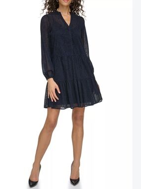 Tommy Hilfiger Navy Chiffon Long Sleeve Leopard Pattern Shift Dress Size 8 NWT
